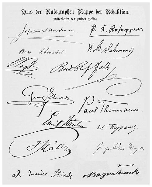 A collection of handwritten signatures from contributors to a German publication, showcasing calligraphic styles and personal marks from the 19th century. Manuscript.