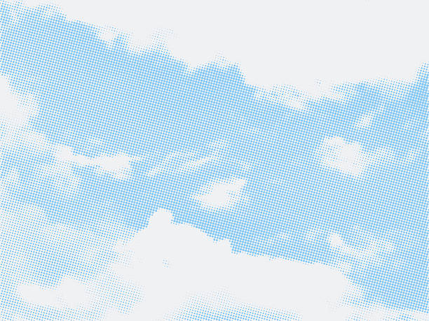 Halftone dot cloud pattern. Blue sky pixel texture vector background with copy space. Blue halftone gradient pattern. Retro comic book background with white clouds against blue sky. Abstract blue background. Vector illustration.
