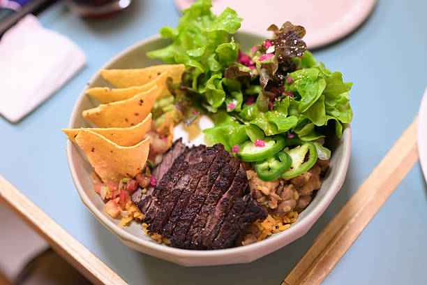Grilled Steak Burrito Bowl with Rice, Beans and Fresh Toppings