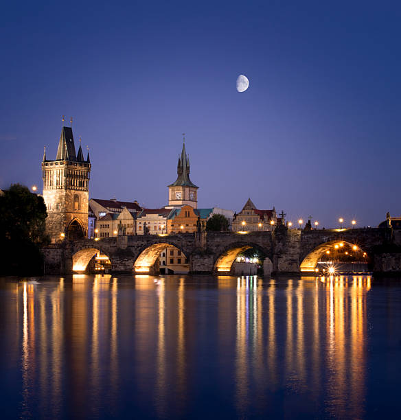 Vltava river and Charles bridge in Prague by night, Czech Republic