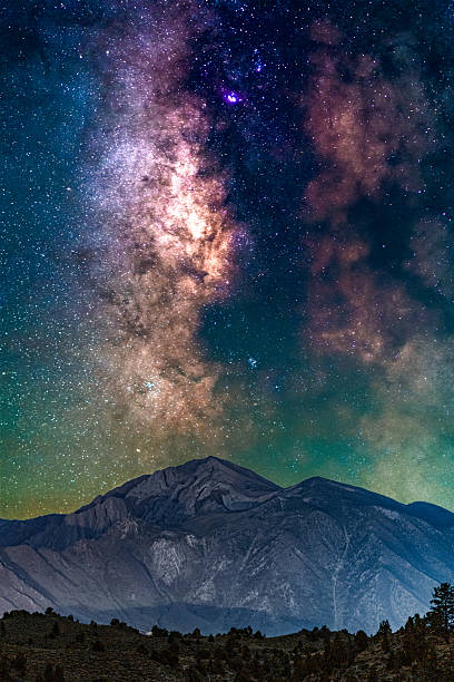 The Milky Way galaxy stretches across the night sky above a rugged mountain range.