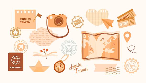 Cosy vintage scrapbook set on the theme of travel in warm retro colours. Map, compass, camera, passport, stamps. Perfect for digital scrapbooking, journaling, planners, stickers. Travel concept