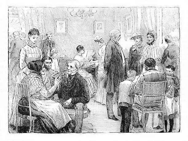People of all generations at a social gathering with piano music for entertainment. Engraving published in 1886. Original edition is from my own archives. Copyright has expired and is in Public Domain.