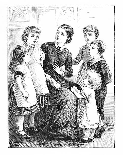 A mother or nursemaid (babysitter, nanny) with five child, ages toddler through elementary age. Illustration published 1886. Original edition is from my own archives. Copyright has expired and is in Public Domain.