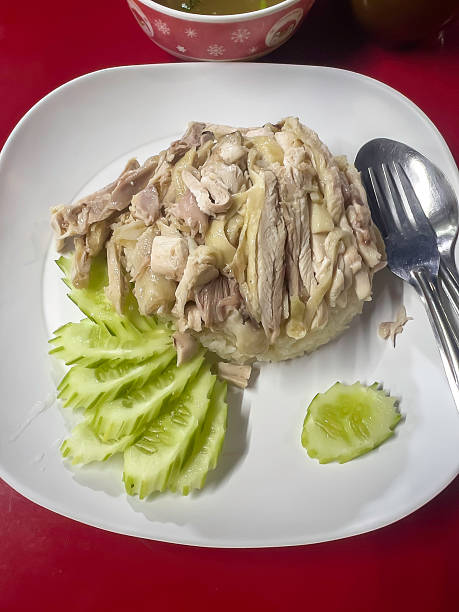 Steamed Rice Plate with Tender Chicken Slices Thai food Steamed rice topped with chicken