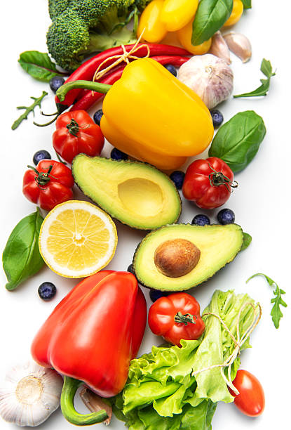 Fresh colorful vegetables and fruits building healthy diet