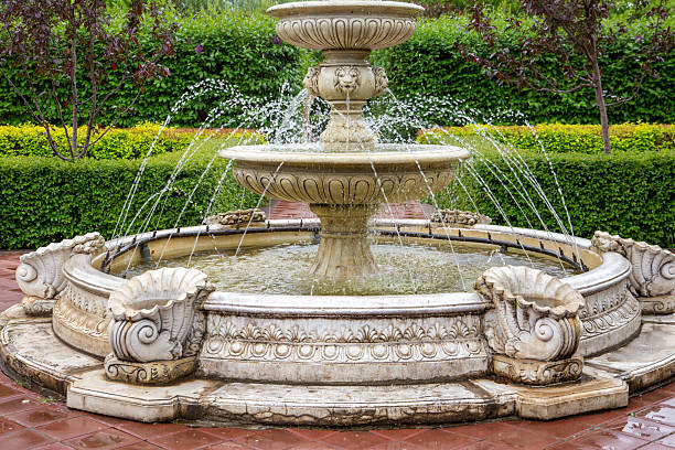 Fountain in landscape park, garden design.