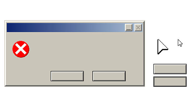 Retro pixel style computer error dialog window with red cross symbol, blank buttons and mouse cursors. Classic 90s desktop operating system interface elements inspired by vintage computer UI design.