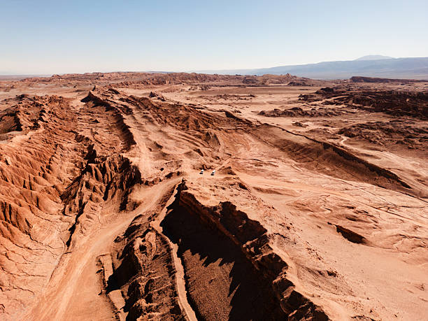 drone view over salt rock formations in the Atacama desert, callled cordillera de la sal