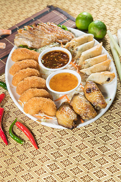 crispy appetizer platter with dipping sauces