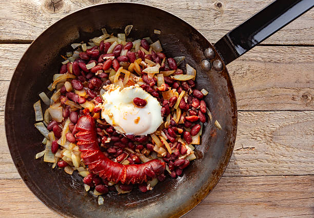 Skillet with baked beans, talian sausages and  egg.