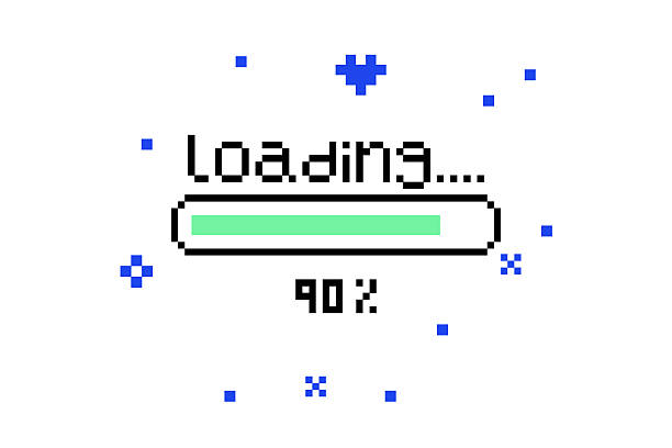 Pixel loading bar in 8-bit style. Retro user interface screen. Y2k digital download progress indicator with text Loading. Vintage video game interface element of installation, update, data processing status