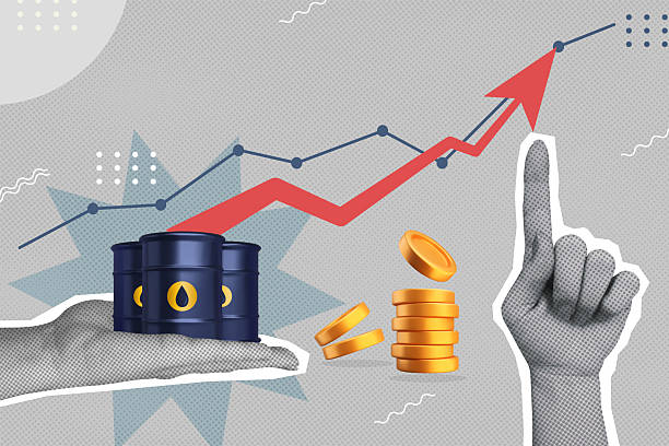 Growth of oil price collage with halftone hand holding oil barrels. Business, finance and crisis concept. Vector illustration with 3D realistic elements on textured background