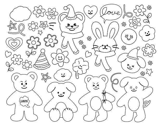 Vector illustrations of cute outlines including bunny, puppy, teddy bear, clover leaf, cloud, flowers, party hat, heart for kid colouring book, tattoo, cartoon, characters, comic, mascot, zoo, souvenir shop, happy easter, pet shop, icon set, animal print