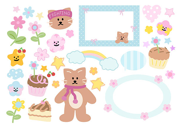 Cute pastel decorations of cat, winter scarf, sport headband, polka dot frame, cupcake, flowers, star, rainbow, heart for animal, sticker, cartoon characters, mascot, sport, marathon, festive icon, happy moment