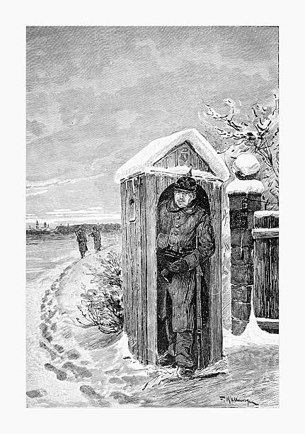 A 19th-century engraving depicts a soldier standing guard in a wooden booth during winter. The snowy landscape features footprints and distant figures, creating a historical scene. The artwork captures the essence of military duty and the harshness of winter in a bygone era.
