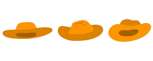Cowboy hat sticker, clipart. Western straw hat. Flat cartoon straw hat set, summer headdress. Sun protection, skin cancer. Vacation, travel and tourism. Stock vector illustration isolated on white background.