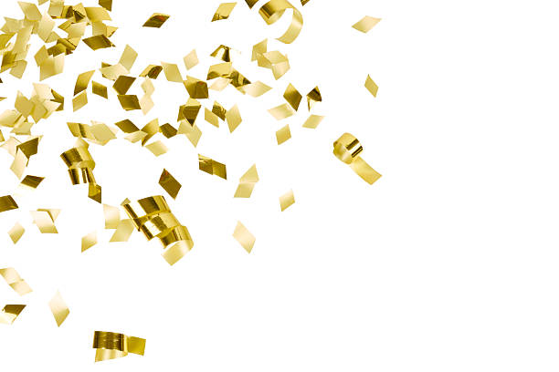 falling golden confetti glitter particles for christmas or festive decoration texture overlay isolated on white
