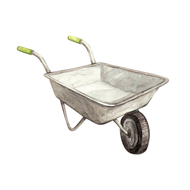 Watercolor illustration of a garden wheelbarrow. Isolated illustration, hand-painted in watercolor. Suitable for packaging agricultural products, children's goods, and books.