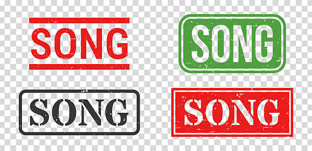 Song. Grunge rubber stamps for your own design, isolated on a transparent background. Four trendy stamps with a slight grunge texture, in different styles and ink colors. The first stamp is in red ink with lines above and below the text. The second stamp is in black ink with the text framed. The third stamp is in red ink with the text transparent. The fourth stamp is in green ink with the text transparent. Vector Illustration (EPS file, well layered and grouped). Easy to edit, manipulate, resize or colorize. Vector and Jpeg file of different sizes.