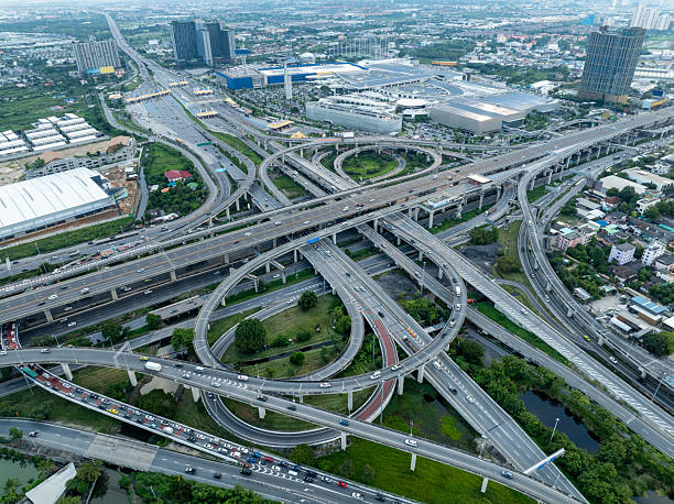 Aerial View Of A Complex Highway Interchange And Road Network In A Modern City.