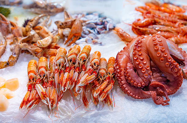 Valencia Central Market seafood display with octopus and langous