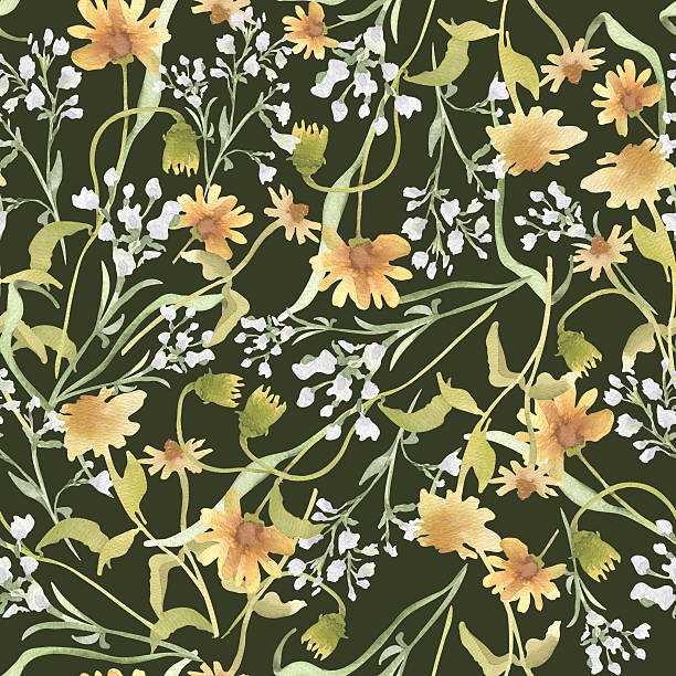 Watercolor wildflowers meadow seamless pattern on dark. Neutral colors garden blooms hand drawn. Repeat soft flowers for textile, fabric, print design. Natural rustic floral background.