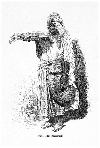 An antique illustration from the 19th century depicts a woman in Africa selling sweets. This historical engraving showcases the daily life and traditions of the time.
