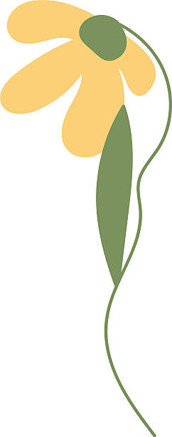 Flower with drooping petal, long leaf, and winding stem in abstract shape. Symbol of growth, grace, and nature, ideal for branding or decor. Cartoon vector illustration.