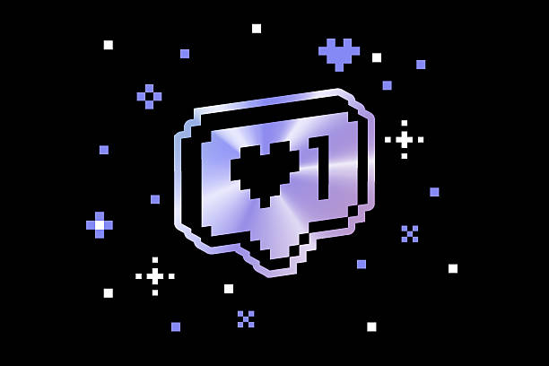 Holographic 3D pixel heart like icon on black background. Retro 8-bit Y2K social media reaction symbol. Glossy gradient love notification sign for apps, social media, stickers, digital communication