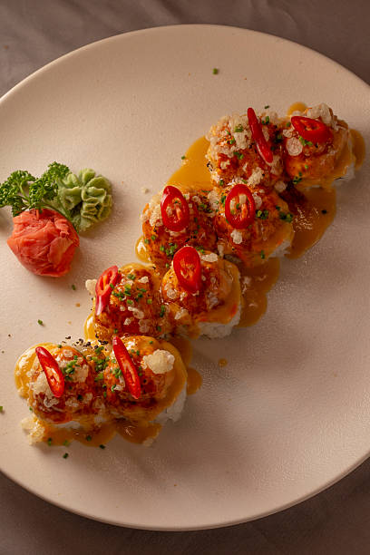 Elegant sushi presentation. Artful arrangement of spicy sushi