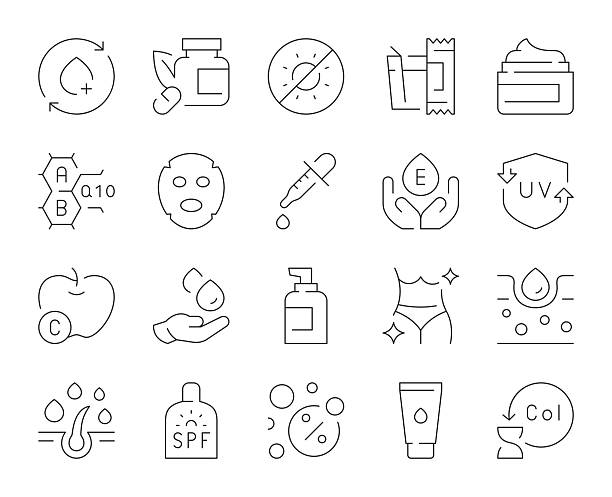 ilustraciones, imágenes clip art, dibujos animados e iconos de stock de cuidado de la piel - thin line icons - antiarrugas