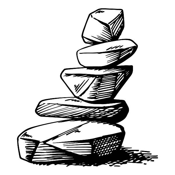 Hand drawn stone pile sketch vector illustration. ​Set of garden rocks engraving style for landscape design. ​Natural rock fragments and pebbles line art. ​Black and white sketch of a heap of stones