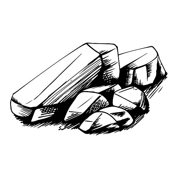Hand drawn stone pile sketch vector illustration. ​Set of garden rocks engraving style for landscape design. ​Natural rock fragments and pebbles line art. ​Black and white sketch of a heap of stones