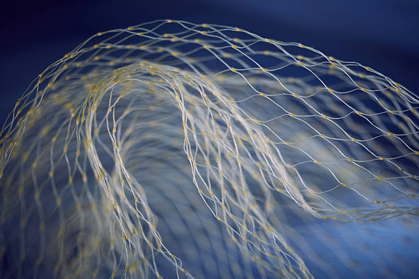 Abstract tunnel effect with yellow nylon mesh on dark blue background. Curved synthetic fiber pattern creating a sense of depth and perspective. Vibrant blue and gold macro of a protective net with artistic bokeh