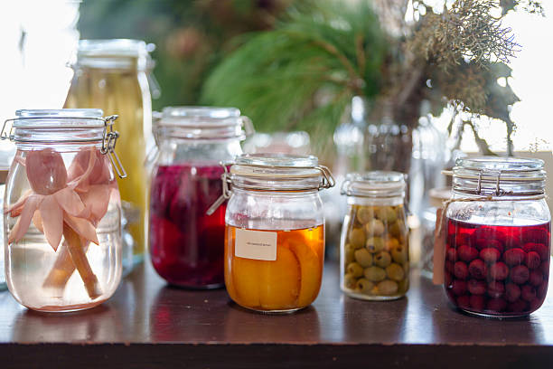 Assorted Pickled and Fermented Ingredients in Glass Jars