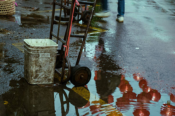 Puddles are caused by rain. Puddles reflect the shadows of surrounding objects. The roadside is wet from the rain.
