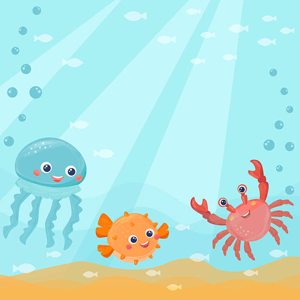 A pattern set with cute marine animals puffer fish, crab and jellyfish. Vector illustration with sea animals for printing. Cute baby background