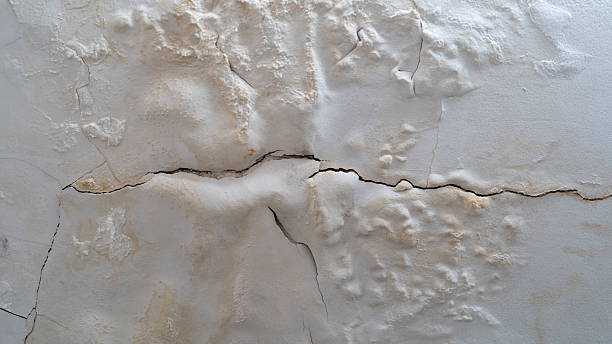 Severe Water Damage on White Wall with Peeling Paint, Large Cracks, and Bubbling Plaster
