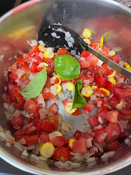 Home-grown vegetable pasta sauce in cooking pan