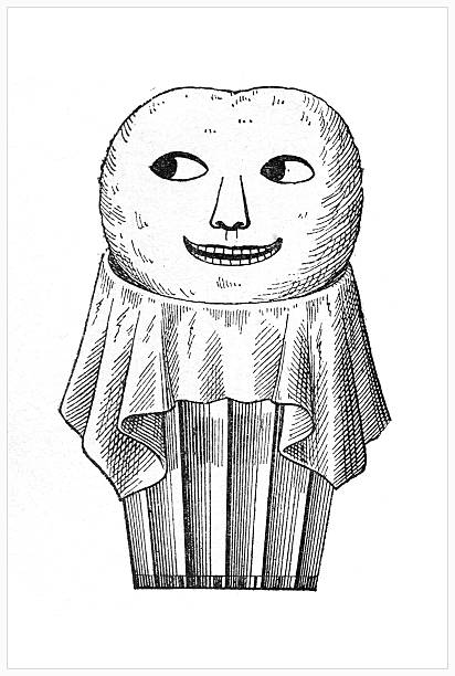 A whimsical illustration from the 19th century featuring a round-headed figure with a smiling face, atop a striped, cylindrical body. The artwork is rendered in a vintage, illustrative style.