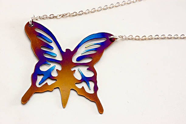 Close-up of a butterfly pendant necklace in two colors, blue and yellow, on a white background.