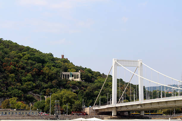 St Gerard Monument and White Elizabeth Bridge Budapest August 2024 Modern suspension bridge crossing Danube river