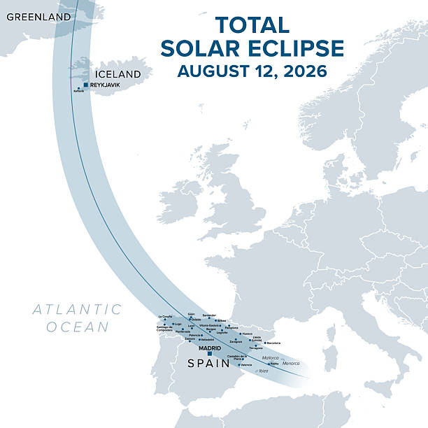 total solar eclipse, august 12, 2026, political map - güneş tutulması stock illustrations