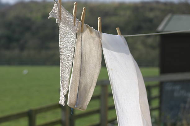 Freshly washed laundry hanging on a clothesline outdoors in a peaceful rural countryside setting. Natural drying fabrics moving gently in the breeze with a soft-focus field and trees in the background. Concept of sustainable living, eco-friendly lifestyle, homestead life, and simple everyday chores.