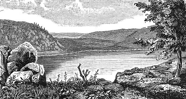 Devil's Lake in Wisconsin, featuring rocky shores lined with boulders, dense lush foliage, and distant hills beneath a detailed textured sky, capturing the wild beauty of the 19th-century American landscape, old vintage illustration, 1897.