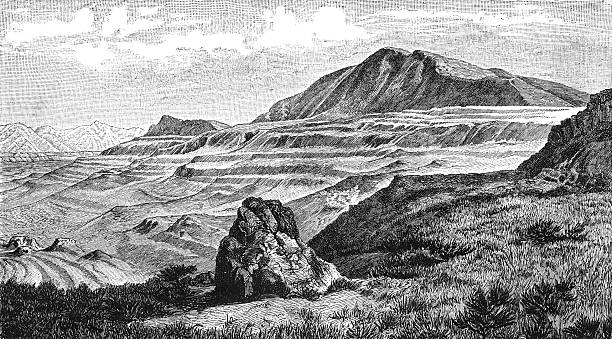 Vast mountainous terrain in Utah showing Quaternary beach terraces with distinct layered ridges, rocky foreground formations with sparse vegetation, and a textured sky, creating a sense of geological depth and antiquity, old vintage illustration, 1897.