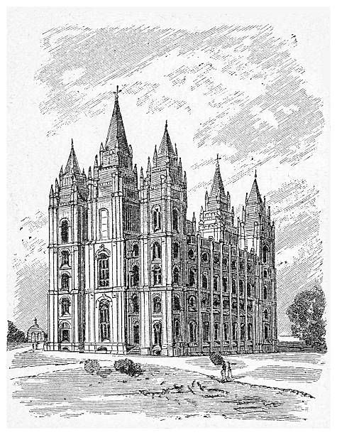 Illustration of the Salt Lake Temple in Utah, created as a wood engraving in the 19th century.