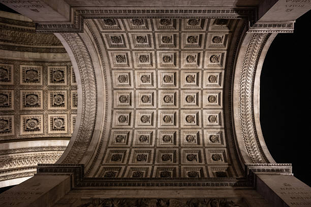 Detailed view of Arc de Triomphe from bottom by night, Paris, France