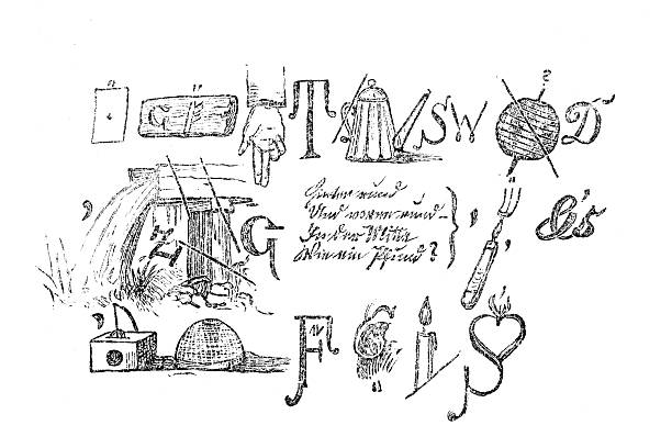 Allegorical illustration with letters, objects and symbols, 19th century engraving
